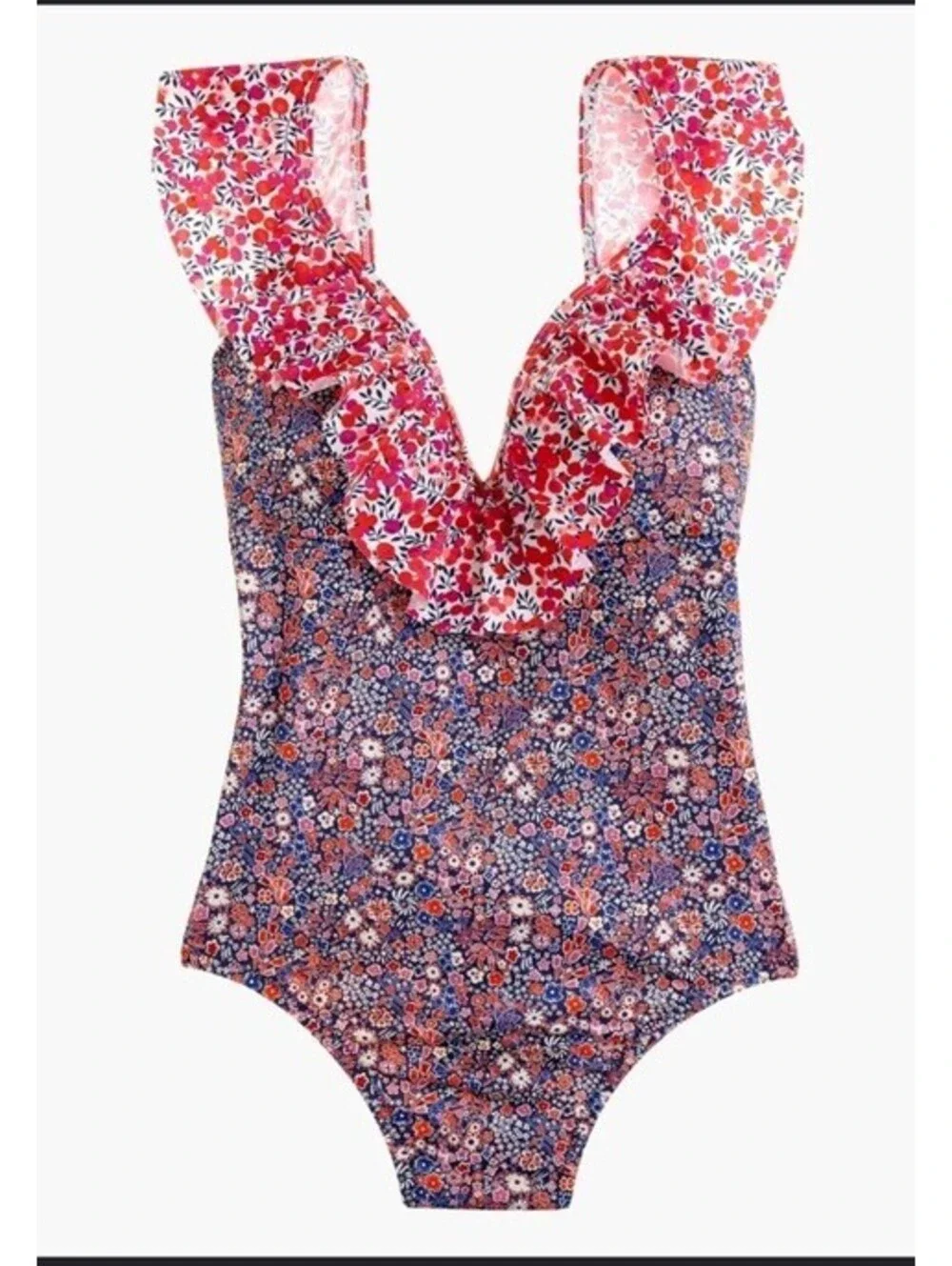 J. Crew Ruffle Deep V One Piece Swimsuit in Liberty Multi Floral Beach US 2 $168